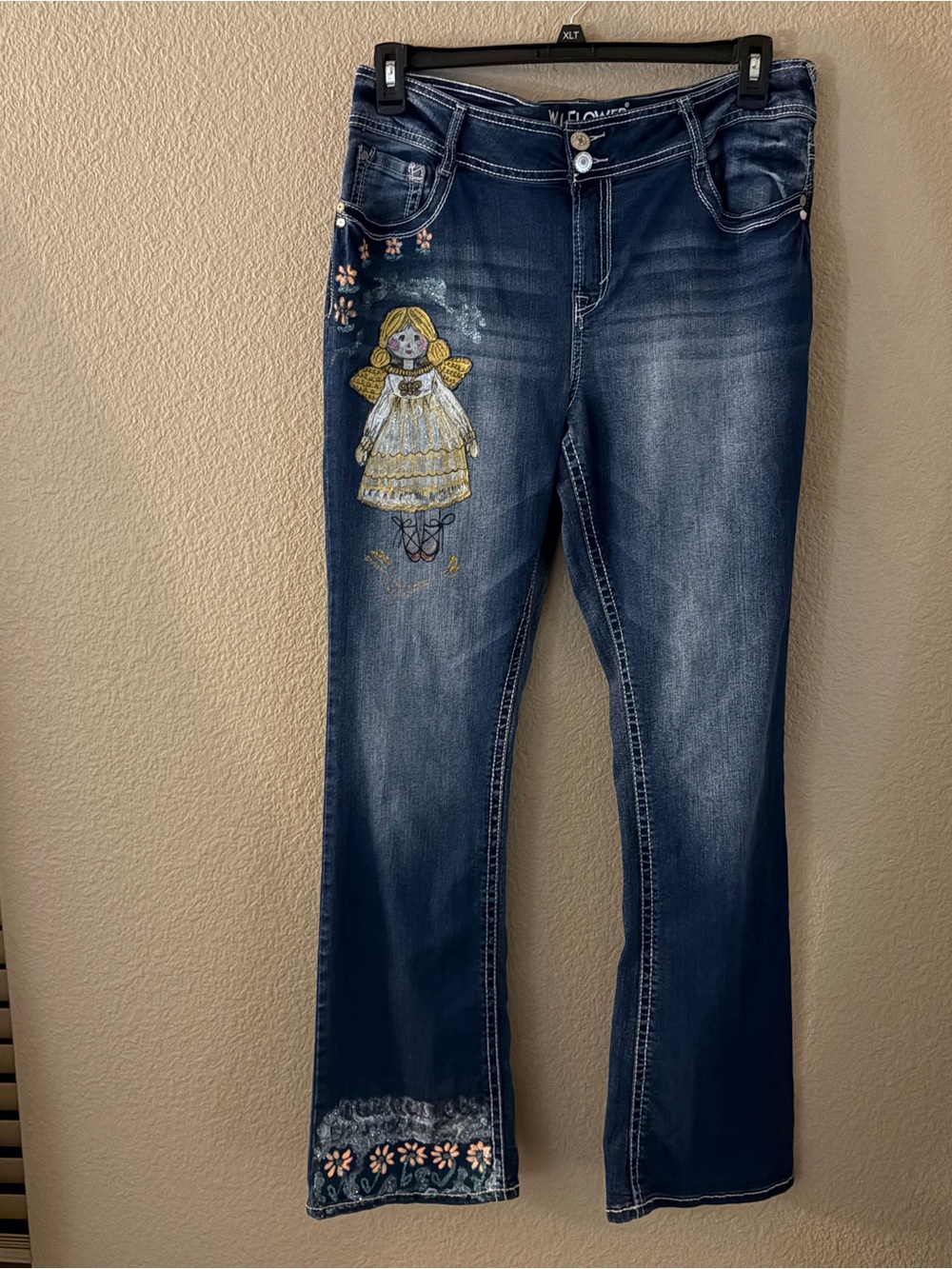 Wallflower Dark Blue Hand Painted OriginalDoll Bootcut Jeans with Floral Accents